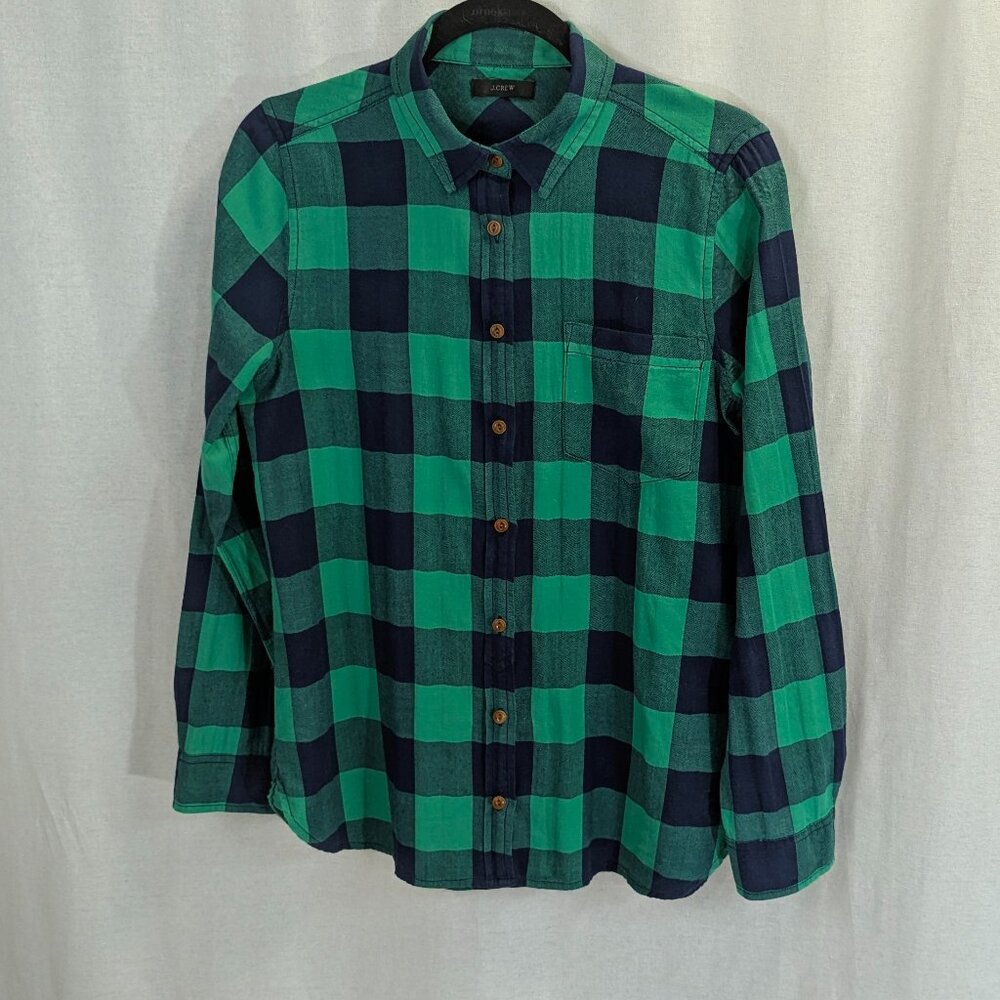 J. Crew Navy and Green Checkered Button Down Long Sleeves Size Small